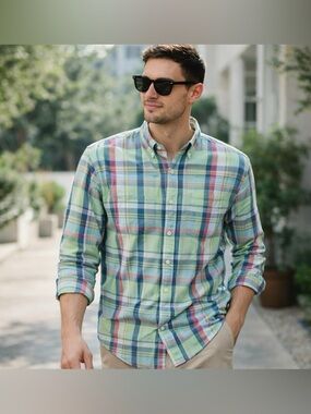 Lightweight Cotton Plaid Nautica L Button Down Shirt Blue Green Pink
